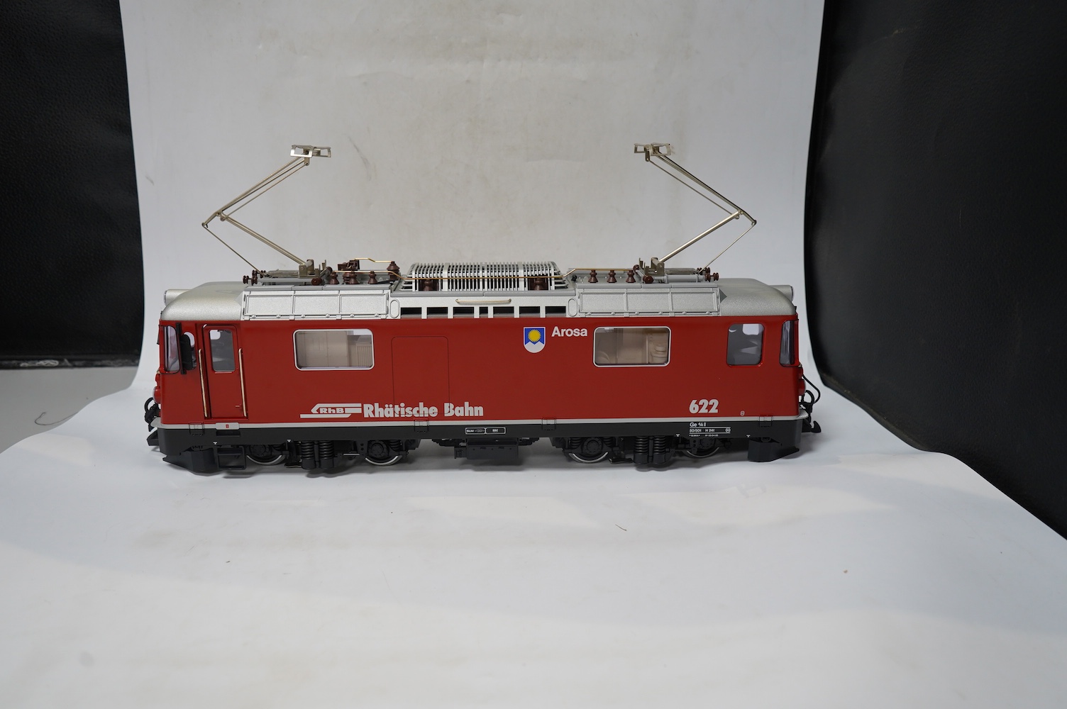 A boxed Lehman LGB (2043) G scale railway Rhatische Bahn Bo-Bo pantograph electric locomotive, 622, in red and silver livery. Condition - good, evidence of very minor running wear only.